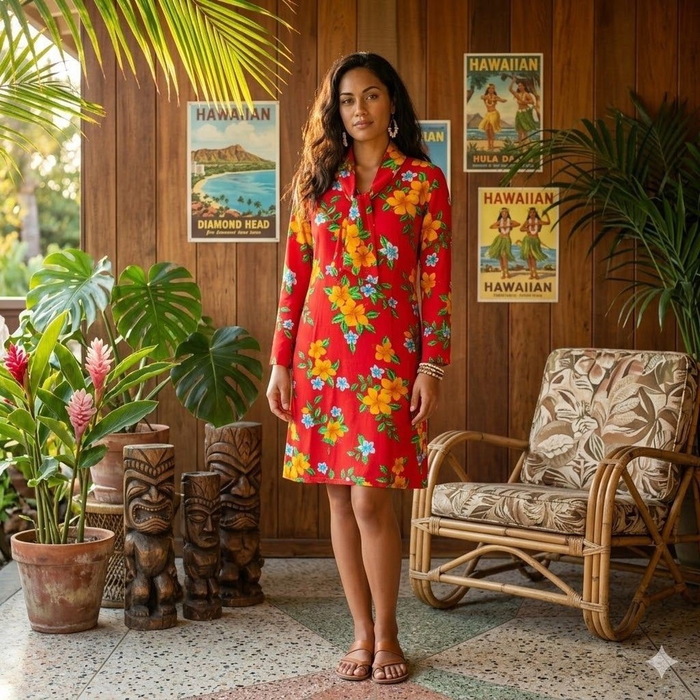 Vintage Indocraft Imports California Aloha Hawaiian Dress Women Tropical Vacay L
